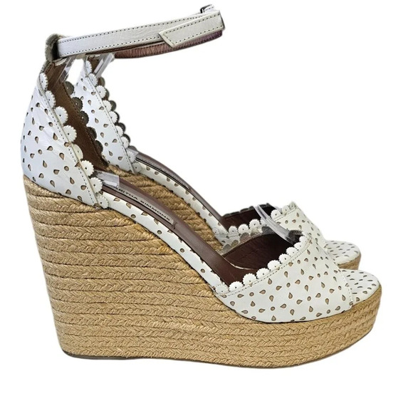 Tabitha Simmons Harp White Flower Perforated Leather Wedge Jute Sandal 38 US 7.5 - Picture 2 of 13